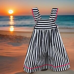 Busy Bees Striped Pinafore Dress Kids Size 5 Navy Blue White Pink Ric Rac Preppy